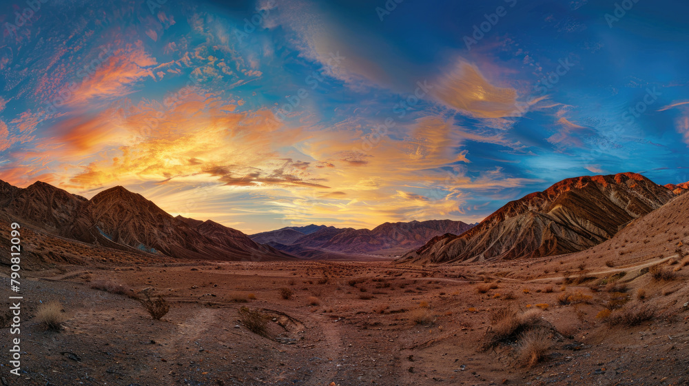 Expansive desert panorama at dusk with vibrant Sky and striated mountain contours Expansive desert panorama at dusk with vibrant Sky and striated mountain contours