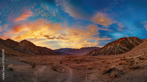 Expansive desert panorama at dusk with vibrant Sky and striated mountain contours