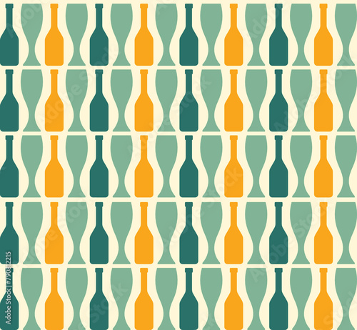 Abstract colorful bottles and glasses, vector illustration, seamless pattern
