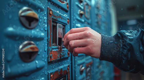 Close-up of a student's hand opening his locker in the locker room at school or college. photo