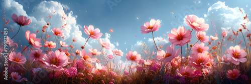 Vibrant Wildflower Meadow with Delicate Clouds and Border Design © Taria Frames