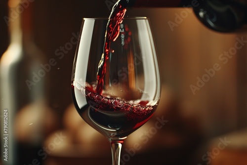 Red wine being poured into glass, close-up macro shot