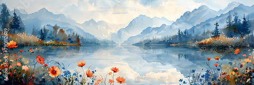 A Beautiful Lake Scene with Wildflowers Amidst an Indigo and Cobalt Sky photo