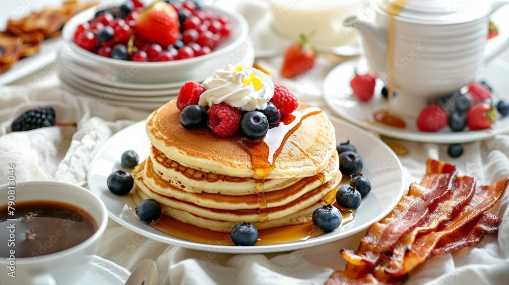 A breakfast spread on a white tablecloth: fluffy pancakes drizzled with maple syrup, fresh berries, whipped cream, crispy bacon strips, and a cup of steaming coffee. A breakfast spread on a white tablecloth: fluffy pancakes drizzled with maple syrup, fresh berries, whipped cream, crispy bacon strips, and a cup of steaming coffee.
