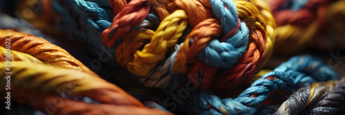 3:1 banner. Vivid Knots: Close-up of Brightly Colored Twists. Perfect for arts and crafts fairs, decorative exhibitions, textile showcases, DIY workshops, creative events. 