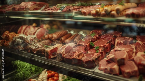 A brightly lit butcher shop display case overflowing with fresh cuts of meat perfect for barbecuing: steaks, ribs, chicken breasts, sausages, and marinated options. 