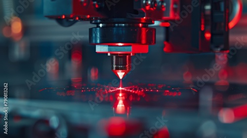 A close-up of a laser cutter head, showcasing the intense red beam and the intricate focusing mechanism.