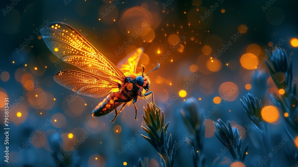 Naklejka premium Glowing Firefly Soaring at Sunset, generative ai