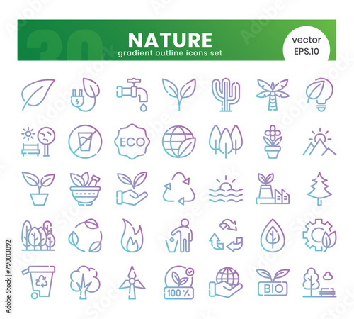 Nature Icons Bundle. Gradient outline icons style. Vector illustration.