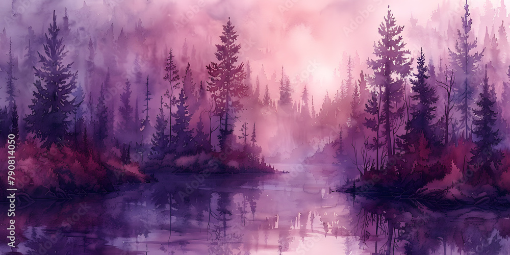 Fototapeta premium Serene Pink-Violet Forest Scene by the Water's Edge