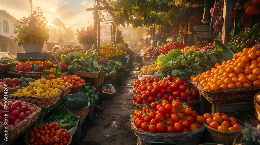 Sunrise Harvest: A Bustling Farmers' Market Scene, generative ai
