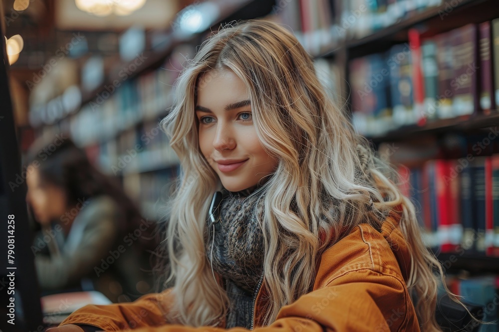 A young blonde woman with wavy hair smiling gently, surrounded by bookshelves