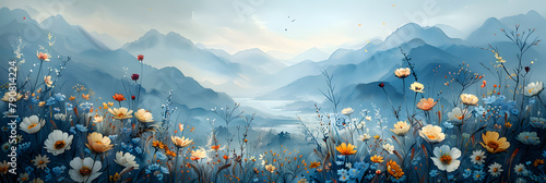 Morning Serenity - A breathtaking scene of vibrant wildflowers, calm waters, and picturesque hilly backdrop photo