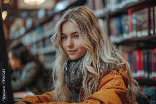 A young blonde woman with wavy hair smiling gently, surrounded by bookshelves