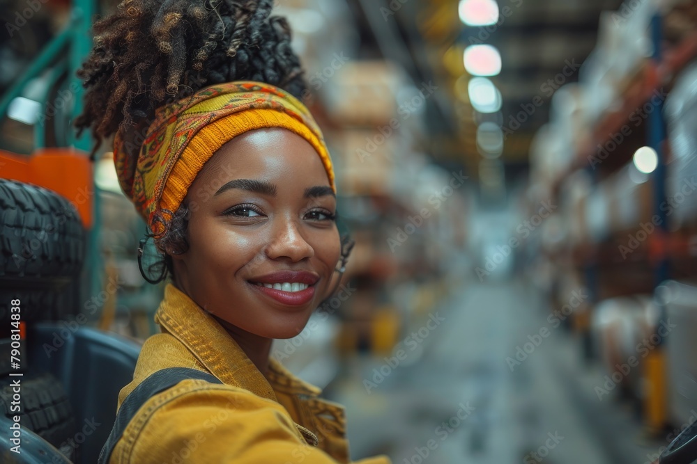 Stylish young woman with headscarf smiling while driving a forklift in a busy warehouse Stylish young woman with headscarf smiling while driving a forklift in a busy warehouse