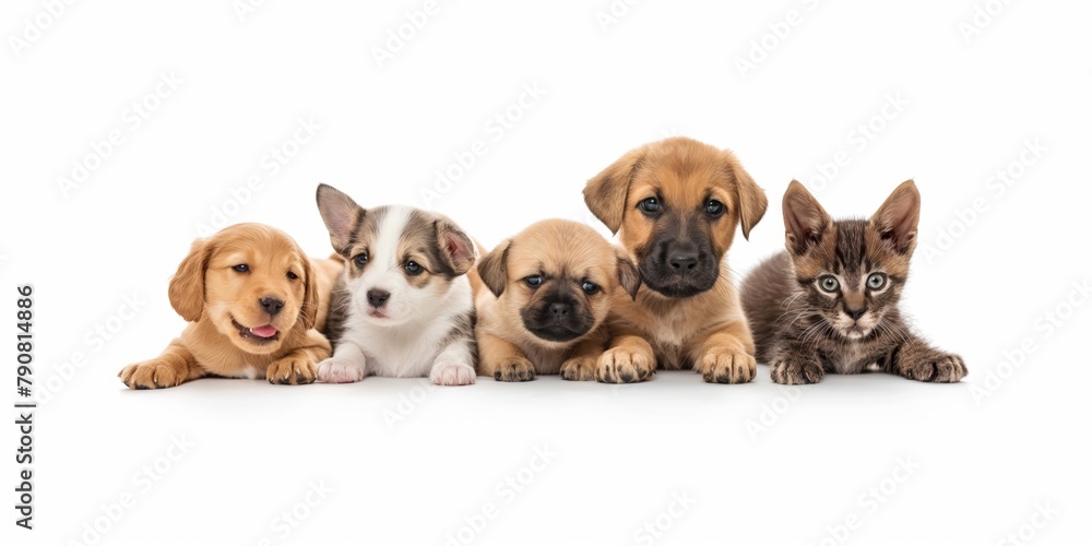 Cute cats and dogs lined up with paws out