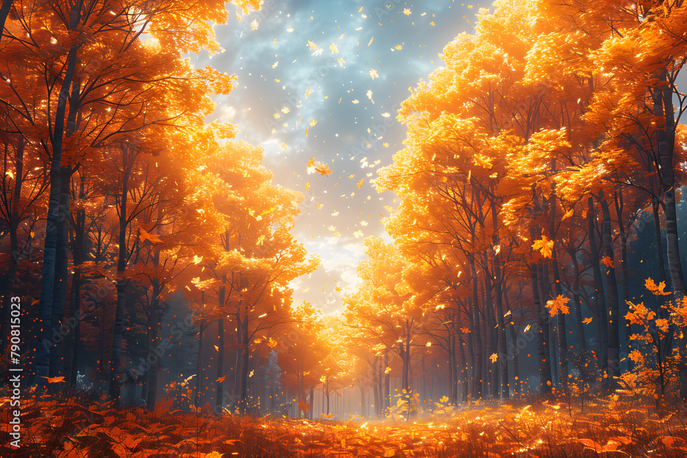 Tranquil Autumn Scene with Gold Trees and Drifting Nubes