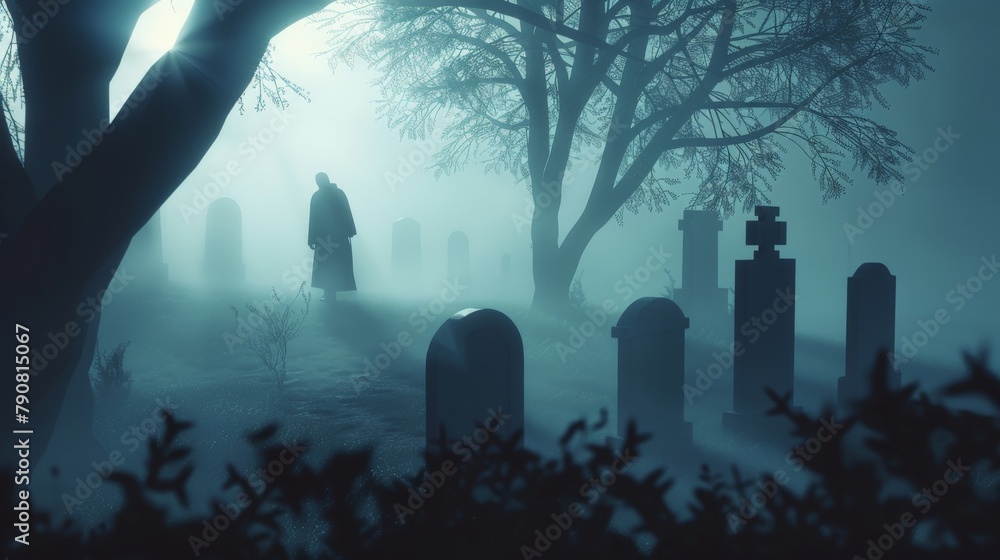 A dramatic papercut artwork depicting a lone figure walking through a foggy cemetery, with tombstones casting long shadows.