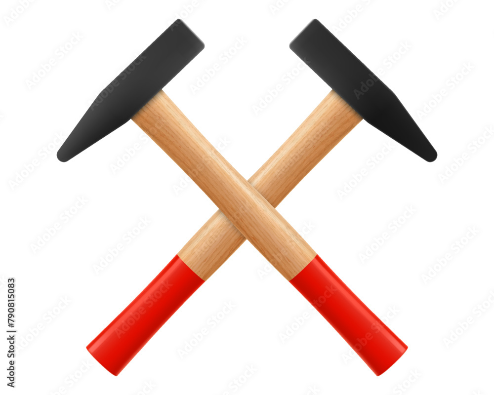 Two Crossed Hammers icon, isolated on white background. Working tool of carpenter, builder. Tools with wooden handles and steel base, for hammering nails. Realistic 3d vector illustration Two Crossed Hammers icon, isolated on white background. Working tool of carpenter, builder. Tools with wooden handles and steel base, for hammering nails. Realistic 3d vector illustration