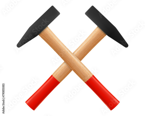 Two Crossed Hammers icon, isolated on white background. Working tool of carpenter, builder. Tools with wooden handles and steel base, for hammering nails. Realistic 3d vector illustration