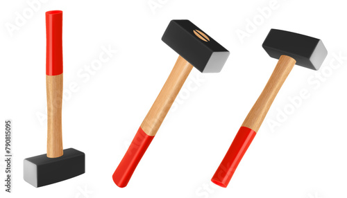 Sledge hammers in different angles, isolated on white background, Sledgehammer used for heavy blacksmith work, dismantling and assembly of structures. Realistic 3D vector illustration