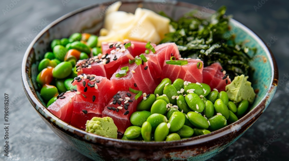A colorful bowl filled with marinated ahi tuna cubes, avocado slices, edamame, seaweed salad, and a drizzle of mayo.