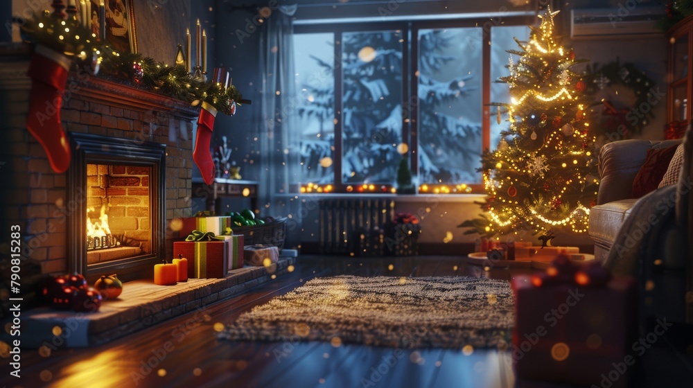 A cozy living room interior decorated for the holidays, with a crackling fireplace, a Christmas tree adorned with ornaments, and soft snow falling outside the window.