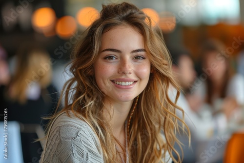 A young woman with blonde hair and a natural look is smiling at a cafe The backdrop has warm lighting
