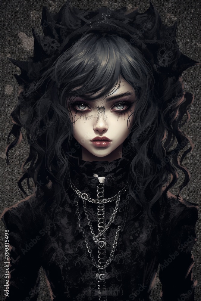 Striking digital art of a dark enchantress adorned with a skull crown and chain jewelry, set against a speckled backdrop.