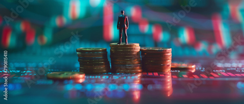 A claymation style figure standing on top of stacks of coins with stock market charts in the background. The figure is standing in the style of stock market charts visible behind it.