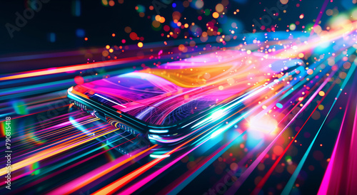 A futuristic smartphone with vibrant colors and dynamic lines of light, floating in the air against an abstract background, representing speed and connectivity. The phone is shown from behind, 