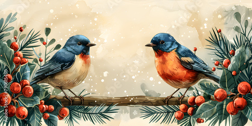 Red and Blue Bird Frames in a Vibrant Christmas Garden