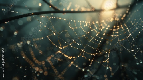 A delicate abstract with thin steel wires woven into a web-like pattern, adorned with tiny dewdrops glistening in the morning light. photo