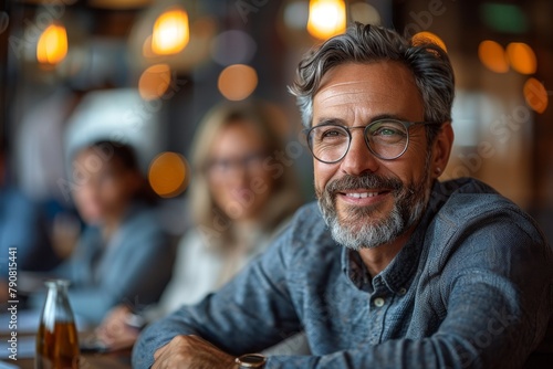 A distinguished grey-haired man smiles while holding a drink in a busy cafe setting