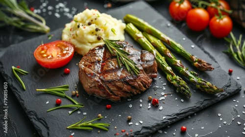 A dark slate plate with a perfectly seared steak in the center, surrounded by roasted asparagus, cherry tomatoes, and a dollop of creamy mashed potatoes. photo