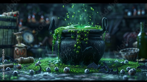 A detailed papercut illustration of a cauldron overflowing with bubbling green potion, surrounded by spooky ingredients like eyeballs and bat wings.