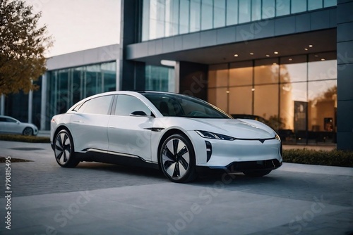 Futuristic EV car in front of a modern building with copy space.