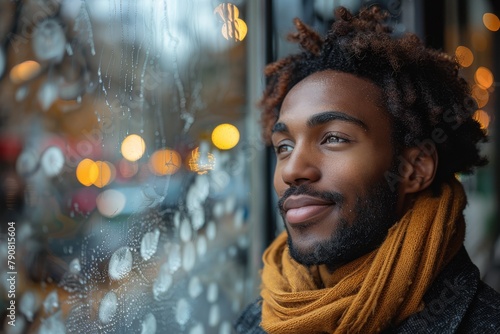 A stylish young man in a scarf gazes out a window with raindrops, lights creating bokeh in the background photo