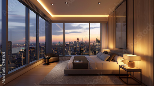 a modern guest room with sleek lines  minimalist decor  and panoramic views of the city skyline.