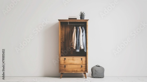 A wooden wardrobe with a white door and a black and white bag on the floor