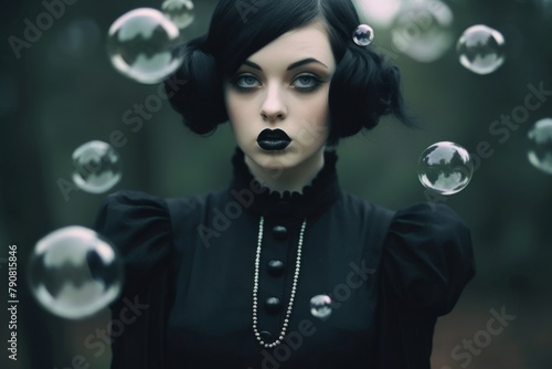 A photo of a gothic woman with vintage makeup and hair, surrounded by translucent bubbles in a mysterious forest setting.