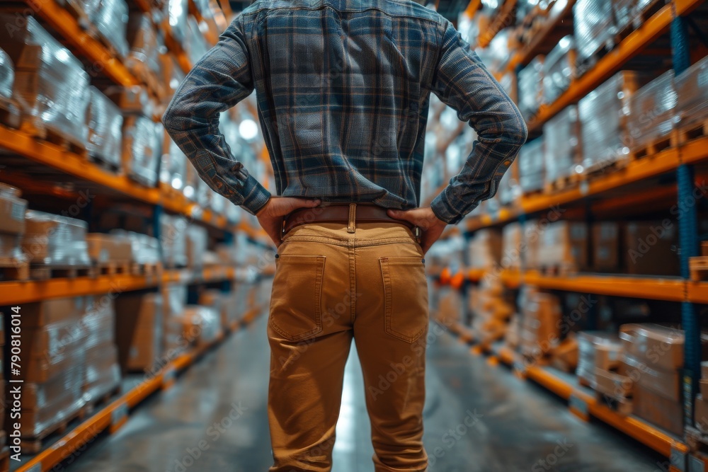 Rear view of a male worker standing hands on hips in a large distribution warehouse, shelves with boxes Rear view of a male worker standing hands on hips in a large distribution warehouse, shelves with boxes