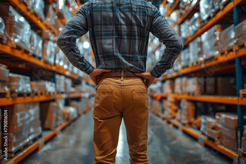 Rear view of a male worker standing hands on hips in a large distribution warehouse, shelves with boxes © Larisa AI