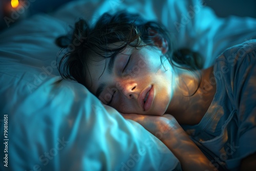 Overhead view of a woman sleeping peacefully under a blue blanket with a blurred face area