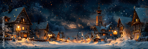 Enchanting Wintery Christmas Village Scene - Oil Painting