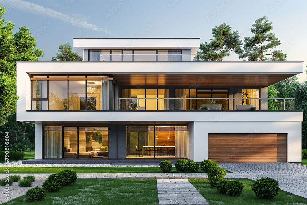 Modern house with white walls and wooden accents, two floors, garage in front of the building, green lawn around the modern family home. Realistic rendering of architecture in 3D in the style of an ar
