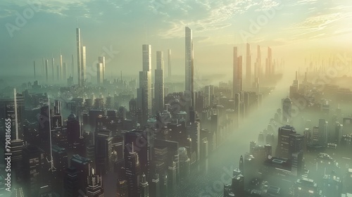 A futuristic city skyline dominated by towering skyscrapers built and maintained by robots  depicting a world shaped by AI technology.