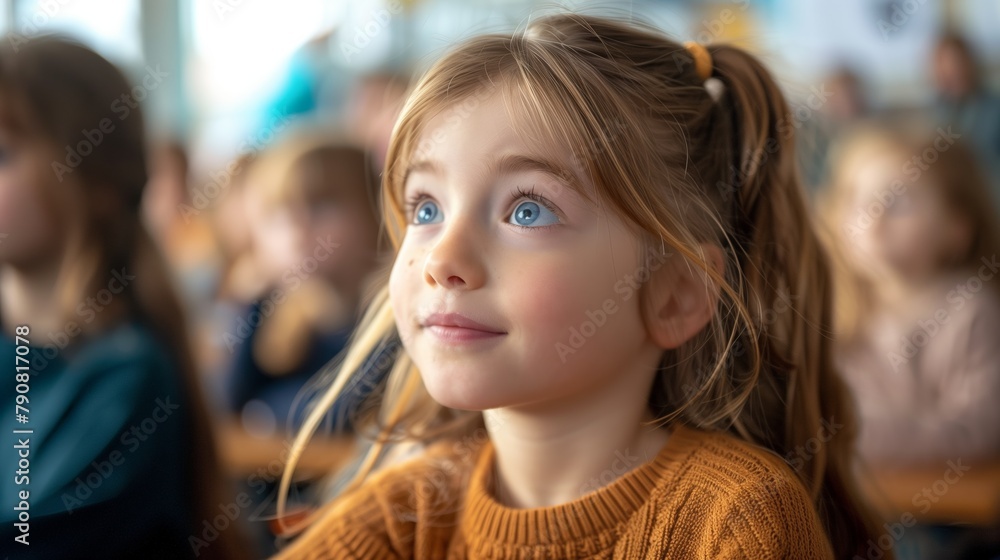 Portrait of a young child in a classroom eager to learn Portrait of a young child in a classroom eager to learn