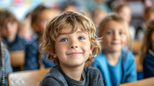 Portrait of a young child in a classroom eager to learn