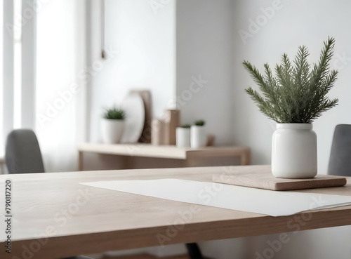 Clean Aesthetic Scandinavian style table  desk with decorations 